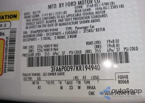 2019 Ford Fusion Titanium из США, поврежденный, VIN 3FA6P0D97KR194940